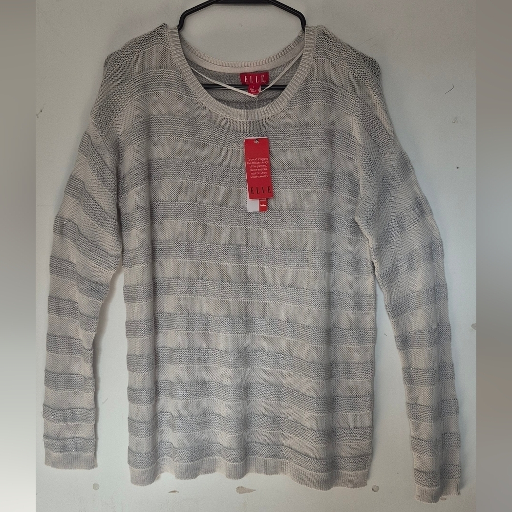 Elle Women's Light Gray Striped Crewneck Sweater